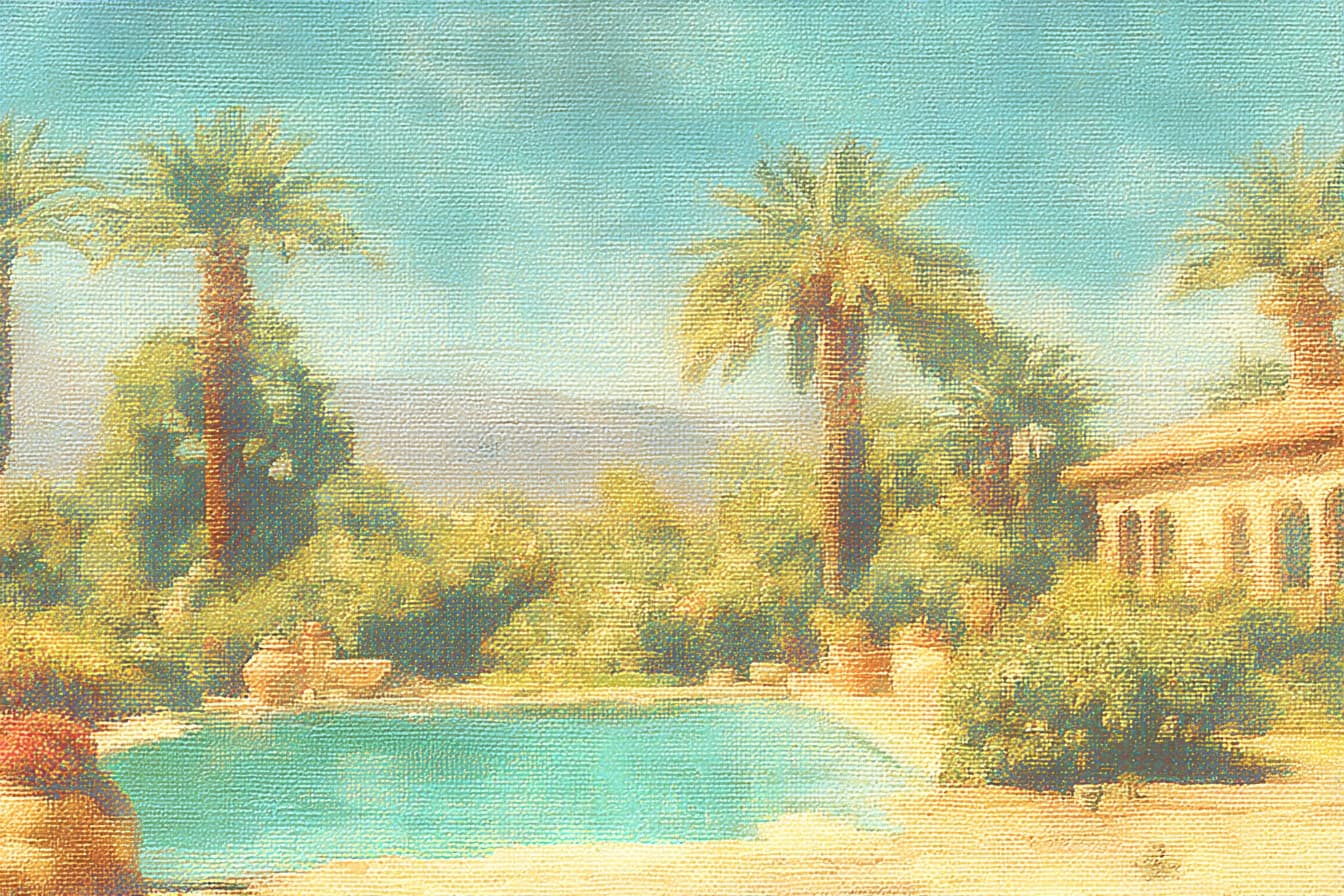 A calm poolside compound framed by palms and mountains
