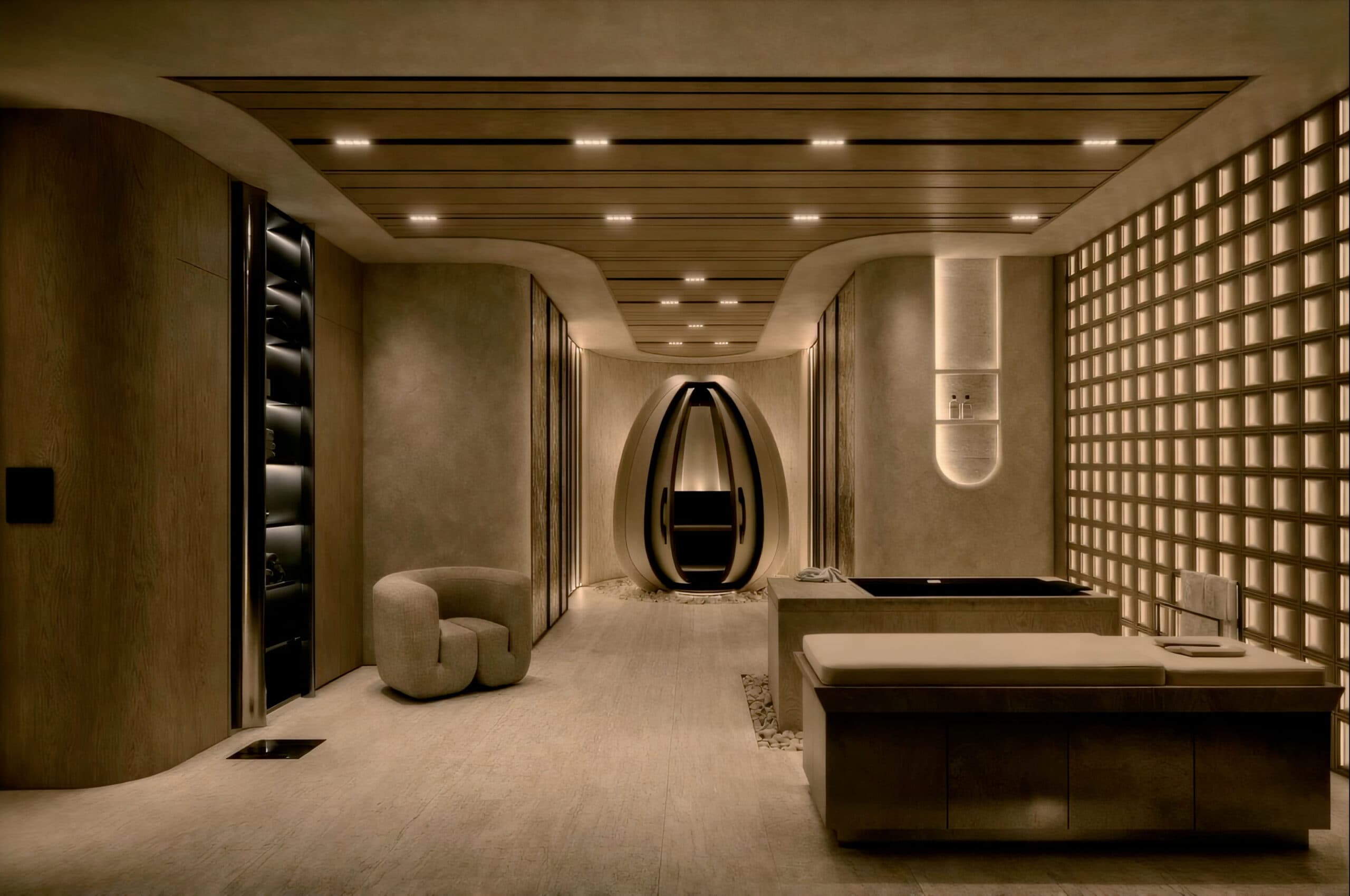 Rendering of the Merkaba room with an egg-shaped meditation pod, cold plunge, treatment table, and warm stone walls