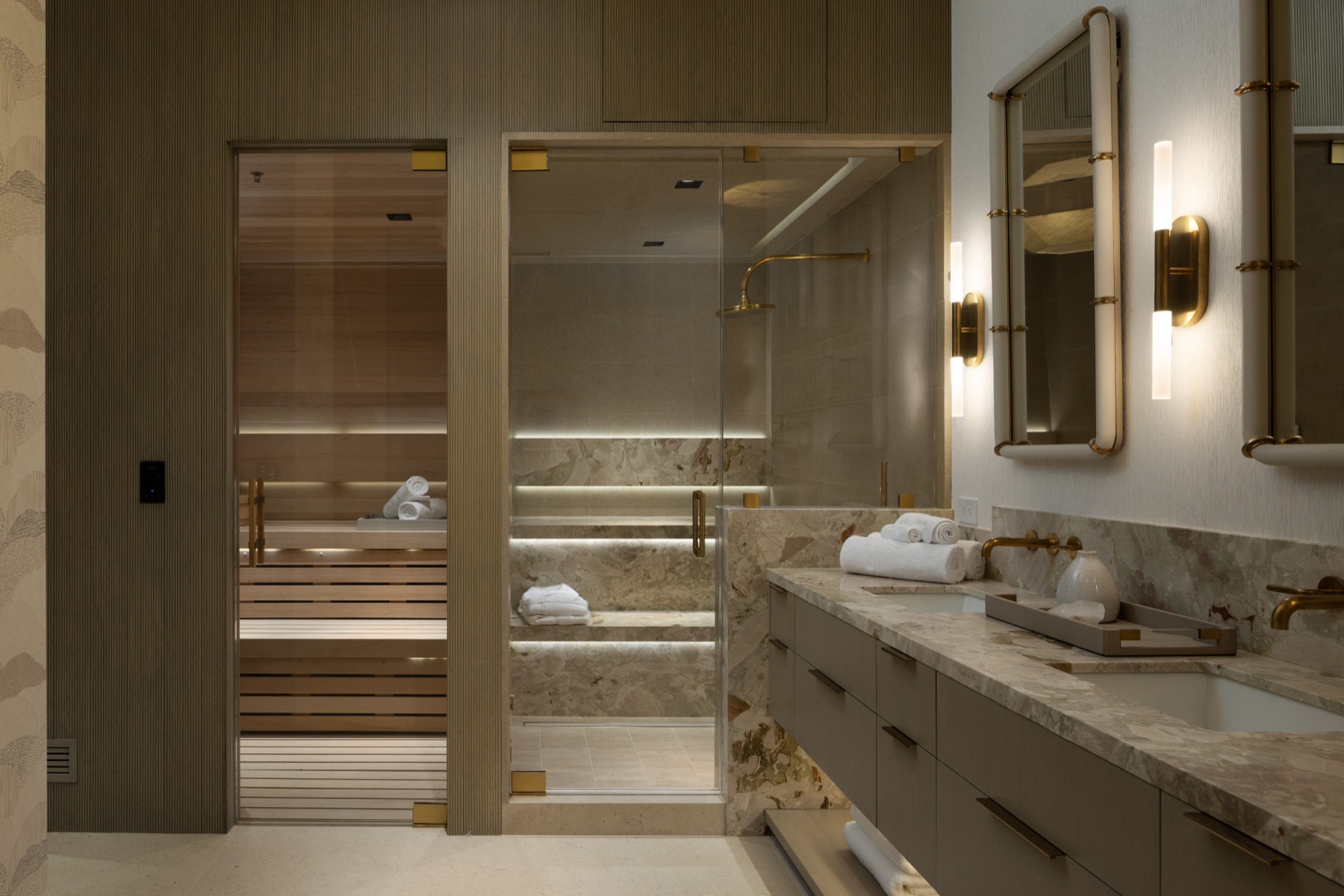Lower-level spa at 3512 Ocean Boulevard with cedar sauna, steam shower, and marble vanity