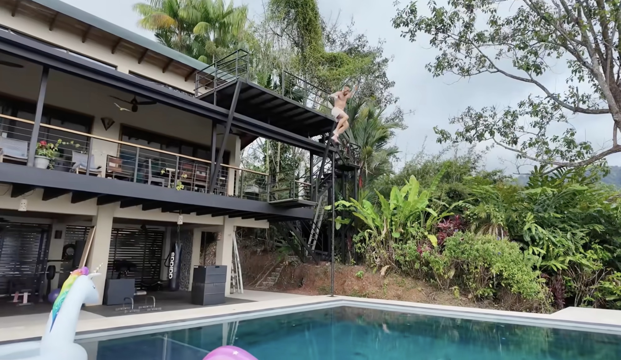 Side elevation of the treehouse showing the cantilevered steel diving platform jutting out from the second-floor catwalk, pool below