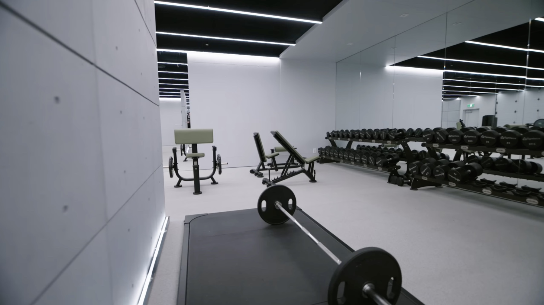 Wide interior of the Light Gym — loaded barbell on a deadlift platform in the foreground, olive-green preacher curl bench and adjustable bench in the mid-ground, a full wall-length dumbbell rack along the mirrored right wall, linear ceiling LED strips, concrete-panel texture on the left